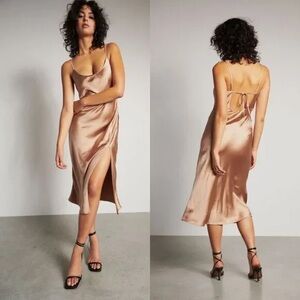 Dynamite Bronze Satin Slip Dress with Tie Back